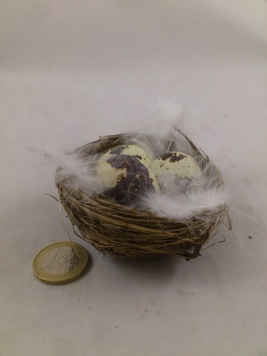 Nid avec 3 oeufs de caille et plumes